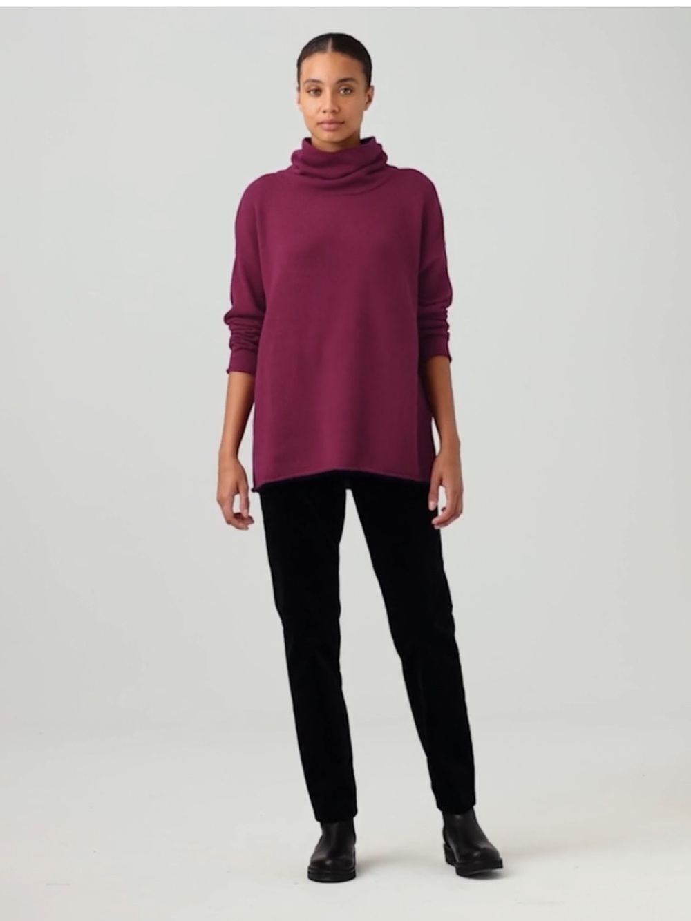 Eileen Fisher Organic Cotton & Cashmere Turtleneck Long Top Sweater L Burgundy